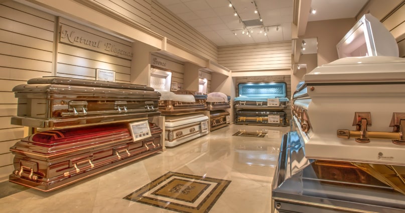 caskets at a funeral home