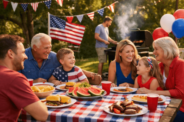Multigenerational family laughing at a Fourth of July cookout with an American flag, picnic food, and a grill